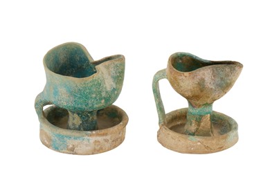 Lot 36 - TWO 12TH-13TH CENTURY ANDALUSIAN SPANISH ALMOHAD TURQUOISE GLAZED OIL LAMPS