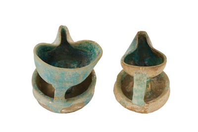 Lot 36 - TWO 12TH-13TH CENTURY ANDALUSIAN SPANISH ALMOHAD TURQUOISE GLAZED OIL LAMPS