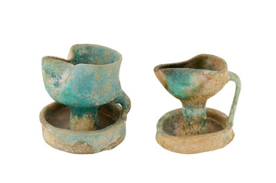 Lot 36 - TWO 12TH-13TH CENTURY ANDALUSIAN SPANISH ALMOHAD TURQUOISE GLAZED OIL LAMPS