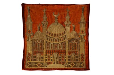Lot 123 - A 19TH CENTURY OTTOMAN TURKISH SILVER THREAD EMBROIDERED VELVET CUSHION COVER