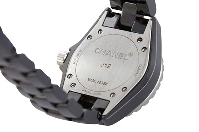 Lot 368 - CHANEL. A BLACK CERAMIC AND DIAMOND J12 WRISTWATCH