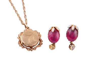 Lot 20 - A PAIR OF SYNTHETIC RUBY EARRINGS TOGETHER WITH A LOCKET NECKLACE