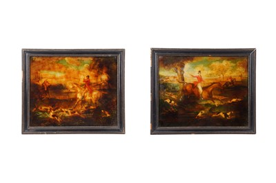 Lot 344 - A PAIR OF 19TH CENTURY REVERSE GLASS PAINTED HUNTING SCENES