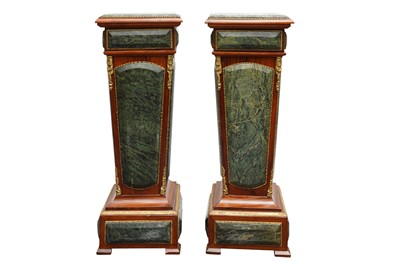 Lot 173 - A PAIR OF LOUIS XVI STYLE WALNUT AND GREEN MARBLE PEDESTALS