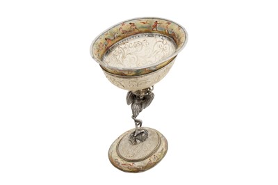 Lot 54 - A late 19th century Austrian silver gilt, rock crystal, and enamel figural bowl, Vienna circa 1880 by Hermann Ratzersdorfer (1845 - 1894)