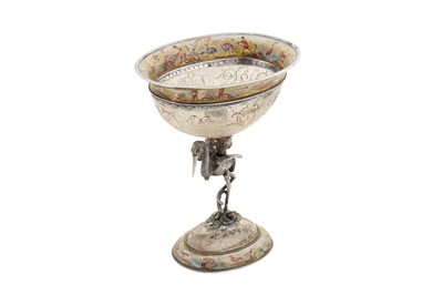 Lot 54 - A late 19th century Austrian silver gilt, rock crystal, and enamel figural bowl, Vienna circa 1880 by Hermann Ratzersdorfer (1845 - 1894)