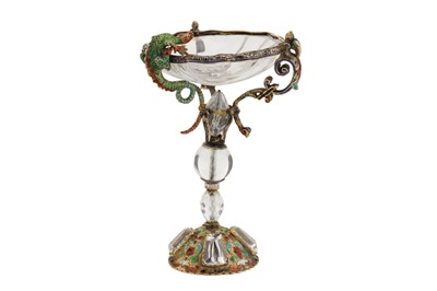 Lot 53 - A late 19th century Austrian unmarked silver gilt, rock crystal, and enamel figural bowl or salt, Vienna circa 1880