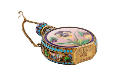 Lot 224 - A Nicholas II early 20th century Russian enamel and 84 zolotnik silver gilt scent bottle, Moscow dated 1905 by Ivan Saltykov