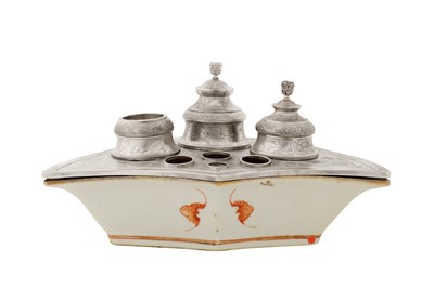 Lot 172 - A late 19th century silver ink well, upon a Chinese porcelain dish