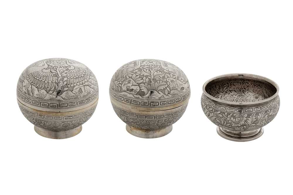 Lot 165 - A set of three early 20th century Chinese export silver betel items, Canton circa 1910 by Jing Chang, retailed by Kong Chan