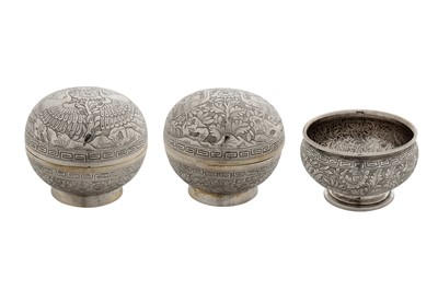 Lot 165 - A set of three early 20th century Chinese export silver betel items, Canton circa 1910 by Jing Chang, retailed by Kong Chan