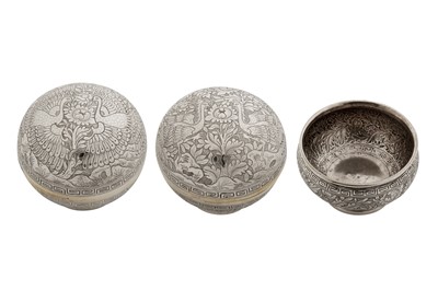 Lot 165 - A set of three early 20th century Chinese export silver betel items, Canton circa 1910 by Jing Chang, retailed by Kong Chan