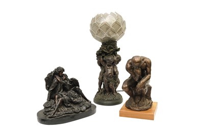 Lot 297 - A BRONZED RESIN TABLE LAMP AND TWO SCULPTURES