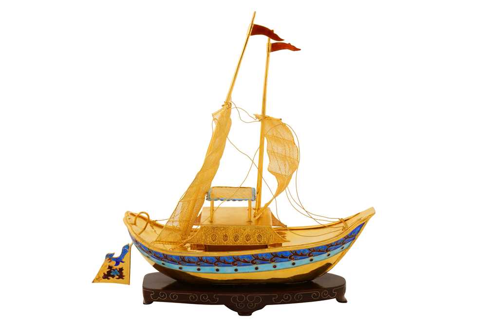Lot 41 - A late 20th century Chinese unmarked silver gilt and enamel model of junk, circa 1970