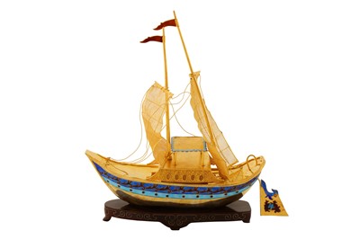 Lot 41 - A late 20th century Chinese unmarked silver gilt and enamel model of junk, circa 1970