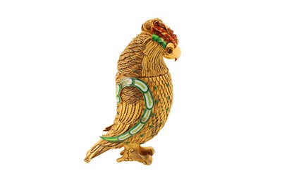 Lot 42 - A late 20th century Chinese unmarked silver gilt and enamel parakeet box, circa 1970