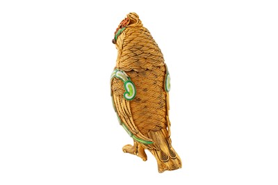 Lot 42 - A late 20th century Chinese unmarked silver gilt and enamel parakeet box, circa 1970