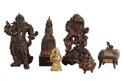 Lot 138 - TWO CHINESE FIGURES, TWO CENSERS, AND A ROOTWOOD CARVING