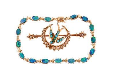 Lot 49 - A 15CT GOLD BROOCH TOGETHER WITH AN AND AN OPAL-DOUBLET BRACELET