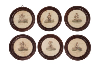 Lot 358 - A SET OF SIX EARLY 19TH CENTURY ROUND PRINTS IN MAHOGANY FRAMES