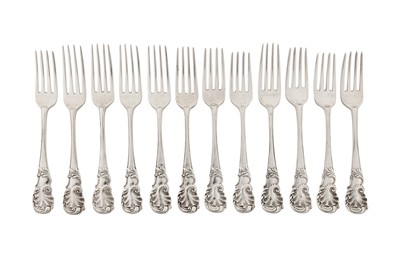 Lot 75 - Maharaja Sir Duleep Singh - A set of twelve Victorian sterling silver table forks, London 1854 and 1874 by George Adams of Chawner and Co