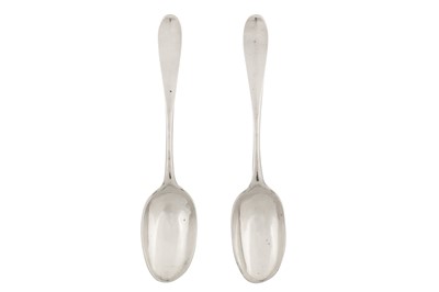 Lot 406 - A pair of George II Scottish provincial silver tablespoons, Inverness circa 1740 by John Baillie (c.1703 - 1753)