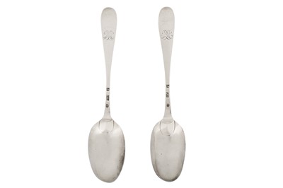 Lot 406 - A pair of George II Scottish provincial silver tablespoons, Inverness circa 1740 by John Baillie (c.1703 - 1753)