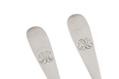 Lot 406 - A pair of George II Scottish provincial silver tablespoons, Inverness circa 1740 by John Baillie (c.1703 - 1753)