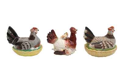 Lot 113 - THREE VICTORIAN STAFORDSHIRE POTTERY CHICKEN FORM EGG CROCKS