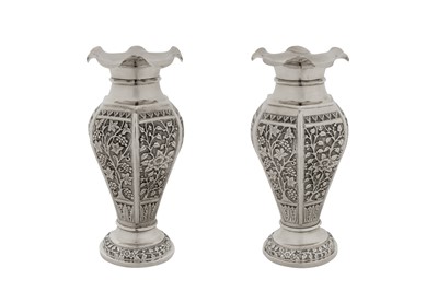 Lot 94 - A pair of early 20th century Anglo – Indian unmarked silver vases, Bombay circa 1925