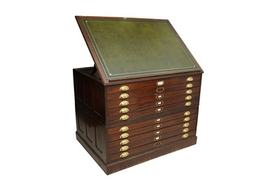 Lot 132 - A MAHOGANY PLAN CHEST WITH A GREEN TOOLED LEATHER SKIVER, EARLY 20TH CENTURY