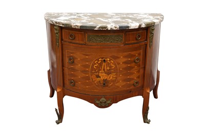 Lot 150 - A LOUIS XVI STYLE MARBLE-TOP DEMILUNE COMMODE