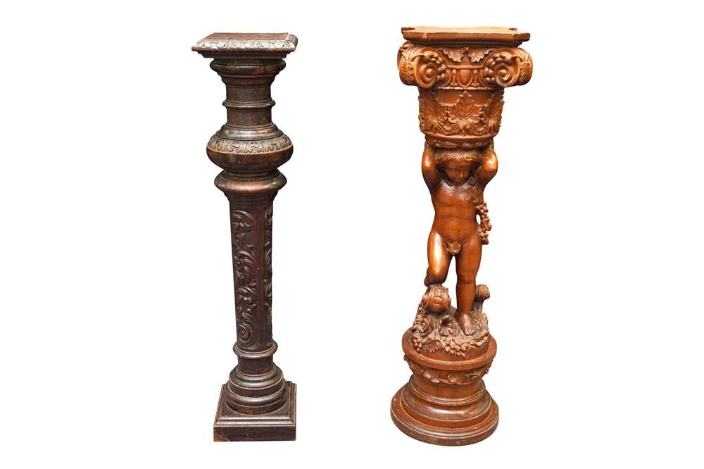 Lot 177 - AN EARLY 20TH CENTURY CARVED OAK PEDESTAL COLUMN AND ONE OTHER