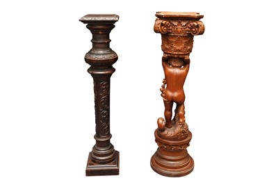 Lot 177 - AN EARLY 20TH CENTURY CARVED OAK PEDESTAL COLUMN AND ONE OTHER