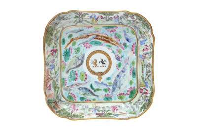 Lot 90 - A CHINESE CANTON FAMILLE ROSE ARMORIAL 'ARMS OF CLERKE' SQUARE DISH
