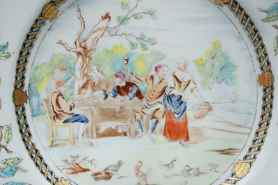 Lot 38 - A CHINESE EXPORT FAMILLE ROSE 'CARD PLAYERS' DISH AFTER DAVID TENIERS