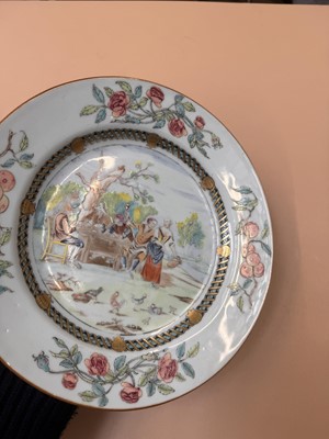 Lot 38 - A CHINESE EXPORT FAMILLE ROSE 'CARD PLAYERS' DISH AFTER DAVID TENIERS