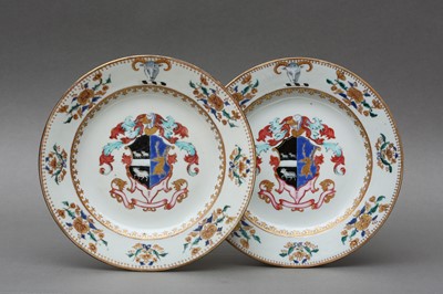 Lot 37 - A PAIR OF CHINESE EXPORT FAMILLE ROSE ARMORIAL DISHES