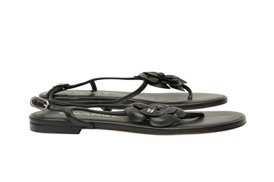 Lot 349 - Chanel Black CC Camellia Flat Sandal -Size 37.5