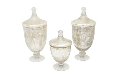 Lot 128 - A GARNITURE OF THREE FRENCH SILVERED GLASS LIDDED VASES
