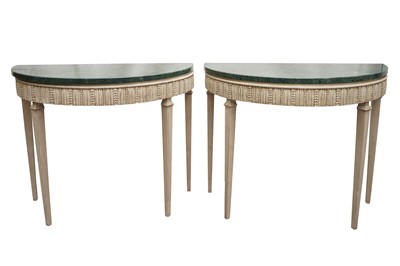 Lot 156 - A PAIR OF ITALIAN STYLE PAINTED DEMI LUNE CONSOLE TABLES