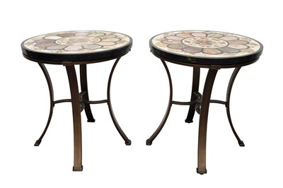 Lot 412 - A PAIR OF CONTEMPORARY CIRCULAR OCCASIONAL TABLES WITH PIETRA DURA MARBLE TOPS
