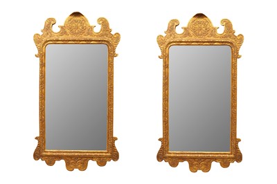 Lot 264 - A PAIR OF GEORGE II STYLE GILT FRETWORK MIRRORS BY LIMITED EDITIONS, ENGLAND