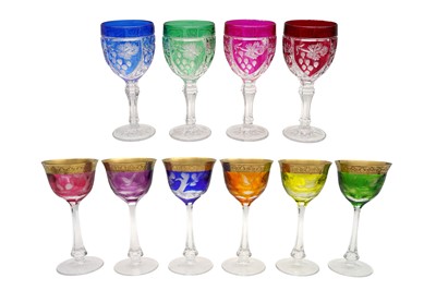 Lot 409 - A SET OF SIX MOSER COLOURED CRYSTAL WINE GLASSES, 20TH CENTURY