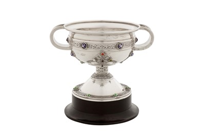 Lot 340 - A cased George V Irish sterling silver and enamel replica of the Ardagh chalice, Dublin 1917 by Robert Stweart of Glasgow