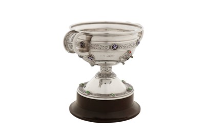 Lot 340 - A cased George V Irish sterling silver and enamel replica of the Ardagh chalice, Dublin 1917 by Robert Stweart of Glasgow