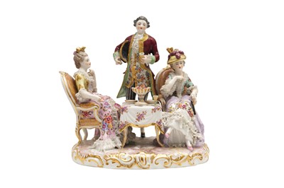 Lot 102 - A DRESDEN PORCELAIN FIGURAL GROUP DEPICTING A TEA PARTY, LATE 19TH CENTURY