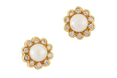 Lot 90 - A PAIR OF CULTURED PEARL AND DIAMOND STUD EARRINGS