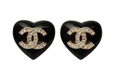 Lot 352 - Chanel Black Resin Heart CC Pierced Earrings