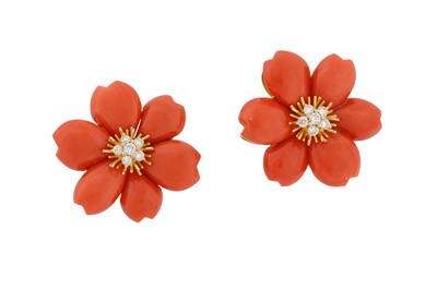 Lot 167 - λ A PAIR OF CORAL AND DIAMOND EARRINGS